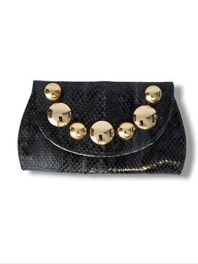 Felix Rey Blue Black Snake Embossed Foldover Leather Clutch Handbag Gold Accents